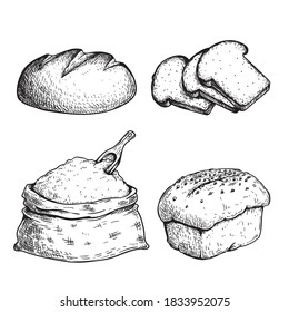 Hand drawn sketch style bread set. Bun, loaf, sliced bread and flour bag with a wooden spoon. Organic food. Fresh daily bakery products. Vector illustrations.