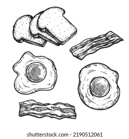 Hand drawn sketch style breakfast ingredients set. Toasted bread slices, fried eggs and bacon. Best for menu designs and packages. Vector illustrations.