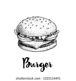 Hand drawn sketch style burger. Fast, street food. Cheeseburger with lettuce, tomato, onion and beef cutlet. Retro vintage style drawing. Vector illustration for menu and package designs.  