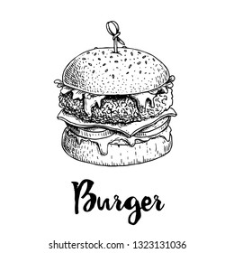 Hand drawn sketch style burger with wooden stick. Fast, street food. Cheeseburger with fried chicken, lettuce, tomato, onion, mayonnaise and ketchup.  Vector illustration for menu and package designs.