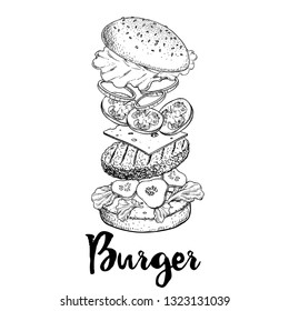 Hand drawn sketch style burger flying ingredients. Fast, street food. Cheeseburger with cucumber,  lettuce, tomato, onion and beef cutlet. Vector illustration for menu and package designs.  