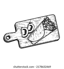 Hand drawn sketch style burrito on the cutting wooden board with tomatoes. Traditional Mexican and oriental street food. Food wrap. Vector illustration.