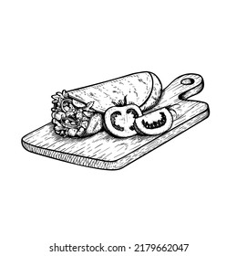 Hand drawn sketch style burrito on the cutting wooden board with tomatoes. Traditional Mexican and oriental street food. Food wrap. Vector illustration.