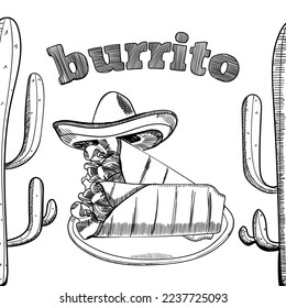 Hand drawn sketch style burrito wrap. Traditional mexican cuisine illustration. Fast food. Street food drawing. Best for restaurant menu and package design. Vector illustration.