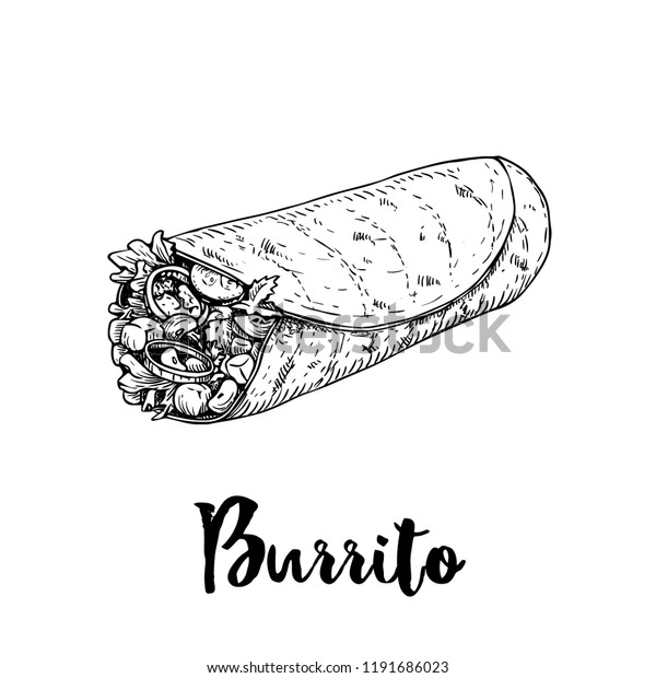 Hand drawn sketch style burrito\
wrap. Traditional mexican cuisine illustration. Fast food. Street\
food drawing. Best for restaurant menu and package\
design.