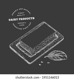 Hand drawn sketch style butter. Organic fresh food vector illustration isolated on chalk board. Retro dairy product illustration. Engraved style rustic picture.