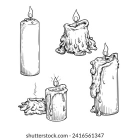 Hand drawn sketch style candles set. Flaming candles collection. vector illustrations isolated on white.