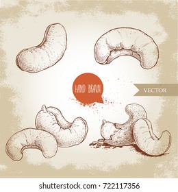 Hand drawn sketch style cashew set. Single, whole and group nuts composition. Organic food vector illustrations. Artwork isolated on retro background.