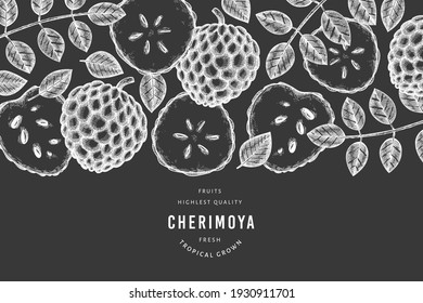 Hand drawn sketch style cherimoya banner. Organic fresh fruit vector illustration on chalk board. Engraved style botanical design template.
