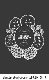 Hand drawn sketch style cherimoya banner. Organic fresh fruit vector illustration on chalk board. Botanical design template.