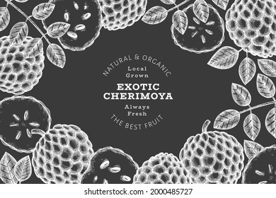 Cartel estilo cherimoya dibujado a mano. Ilustración vectorial de fruta fresca orgánica en pizarra de tiza. Plantilla de diseño botánico.