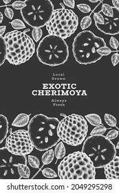 Hand drawn sketch style cherimoya banner. Organic fresh fruit vector illustration on chalk board. Botanical design template.
