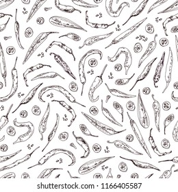 Hand drawn sketch style chili peppers. Vector seamless pattern for label, menu, print, postcard. 