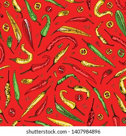 Hand drawn sketch style chili peppers seamless pattern on red background. Yellow, red and green peppers. Color illustration.