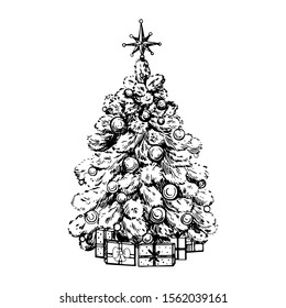 Hand drawn sketch style Christmas tree isolated on white background. Vector illustration.