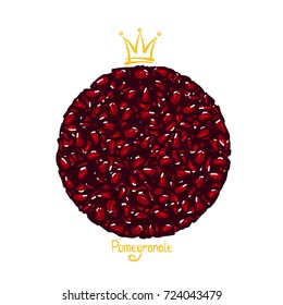 Hand drawn sketch style circle pomegranates seeds set. Garnet ball with a crown.