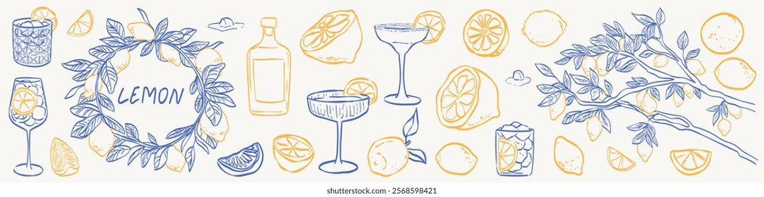 Hand drawn sketch style citrus fruits set. Vector cute elegant doodle line illustration of lemons, frame, wreath, cocktail glass and lemon tree for background, card, invitation or poster, packaging.