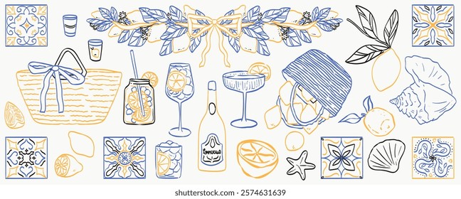 Hand drawn sketch style citrus fruits and drinks set. Vector elegant doodle line illustration of lemons, ceramic mosaic tiles, lemoncello, cocktail glass and lemon tree garland for party invitations.