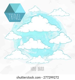 Hand drawn sketch style clouds card. Watercolor blue background. Travel by airplane vector illustration.