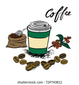 Hand drawn sketch style. Coffee cup is hot . vintage paper cup of coffee takeaway Menu for restaurant, cafe, bar.