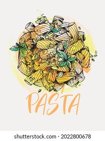 Hand drawn sketch style colored pasta dish isolated on white background. Vector illustration.
