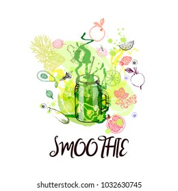 Hand drawn sketch style colorful smoothie with fruits and vegetables. Isolated vector illustration.