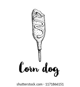 Hand drawn sketch style corn dog half-eaten with ketchup, mayonnaise or mustard. Wooden stick. Street fastfood drawing. Vector illustration isolated on white background.