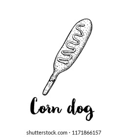 Hand drawn sketch style corn dog with ketchup, mayonnaise or mustard. Wooden stick. Street fastfood drawing. Vector illustration isolated on white background.