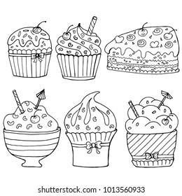 Hand drawn sketch style Cupcake ice cream cake . Vector illustration.