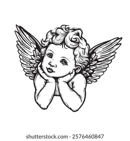 Hand drawn sketch style Cupid with wings. Cherub, Amur in engraving style. Angel character. Vector illustration o white background.