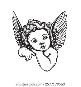 Hand drawn sketch style Cupid with wings. Cherub, Amur in engraving style. Angel character. Vector illustration o white background.