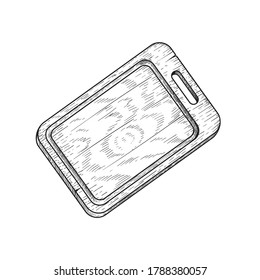 Hand drawn sketch style cutting wooden board. Rectangular board with handle. Top view. Kitchen equipments vintage vector illustration. Isolated on white.