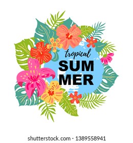 Hand drawn sketch style design element with tropical flowers and exotic leaves. Tropical summer. Place for your text. Vector illustration for party, invitation, flyer, poster, banner, web.