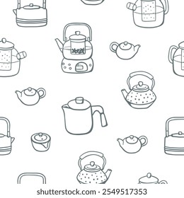 Hand drawn sketch style different teapots seamless pattern