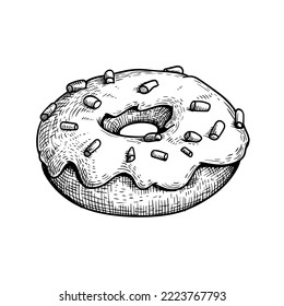 Hand drawn sketch style donut with white icing and marshmallow. Sweet dessert. Best for menu designs. Vector illustration.