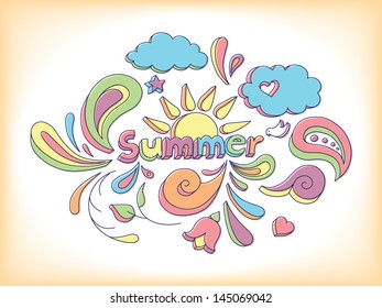 Hand drawn sketch style doodle vector illustration with summer elements.