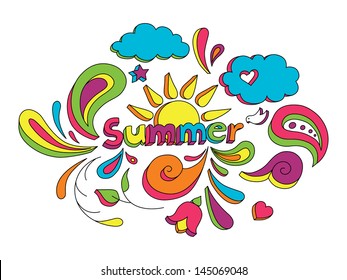 Hand drawn sketch style doodle vector illustration with summer elements.