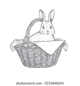 Hand drawn sketch style Easter bunny in the wooden basket. Best for Easter greeting cards. Vector illustration isolated on white.