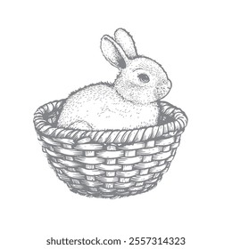 Hand drawn sketch style Easter bunny in the wooden basket. Best for Easter greeting cards. Vector illustration isolated on white.