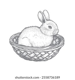 Hand drawn sketch style Easter bunny in the wooden basket. Best for Easter greeting cards. Vector illustration isolated on white.