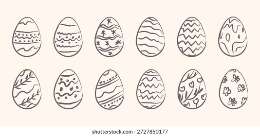 Handgezeichnete Skizze Stil Osterei Sammlung mit dekorativen Mustern und floralen Ornamenten. Frohe Ostern Doodle Tinte Buntstift mit Textur. Vektorgrafik einzeln auf Hintergrund.