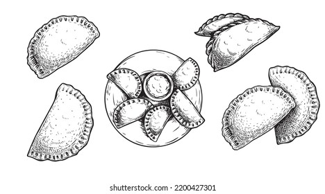 Hand Drawn Sketch Style Empanadas. Set Top View On Plate With Sauce, Single And Group Meals. Typical Latino America And Spanish Fast Food. Vector Illustration. Best For Menu And Package Designs.