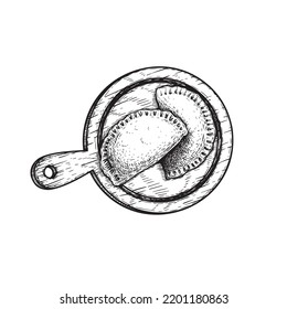 Hand drawn sketch style empanadas cheburek on the wooden cutting board. Top view. Traditional pie with meat. Fast food vector drawing. Best for menu and package designs. Vector illustration.