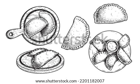 Hand drawn sketch style empanadas. set Top view on plate with sauce, single and group meals. Typical Latino America and spanish fast food. Vector illustrations  background. Best for menu desings