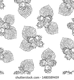 Hand drawn sketch style filbert fruits seamless. Hazelnut backdrop. Vector background. 