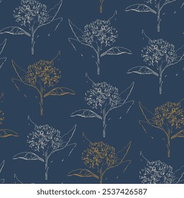 Hand drawn sketch style flowers seamless pattern. Elegant floral design in blue and beige colors for fabric, textile, wrapping paper, cover