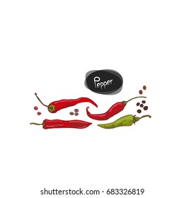 Hand drawn sketch style four chili peppers. Color illustration.