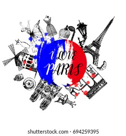 Hand drawn sketch style France themed objects. Vector illustration isolated on white background.