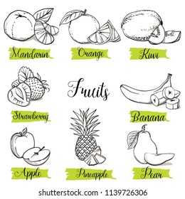 Hand drawn sketch style fruits and berries. Mandarin, orange, kiwi, strawberry, banana, apple, pineapple and pear. Organic fruit with leaf, vector doodle illustrations collection isolated .