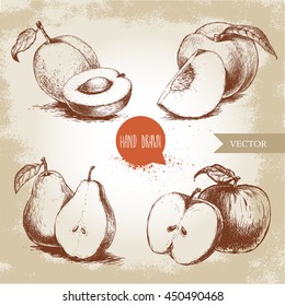 Hand drawn sketch style fruits set. Apricots, peaches, half pears, apples. Eco food vector illustration collection on old background.